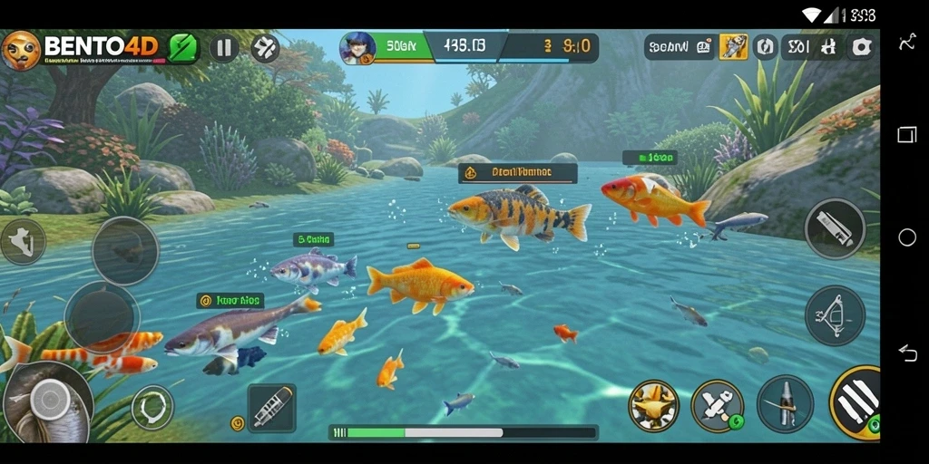 Tampilan gameplay BENTO4D yang menarik saat menangkap ikan.