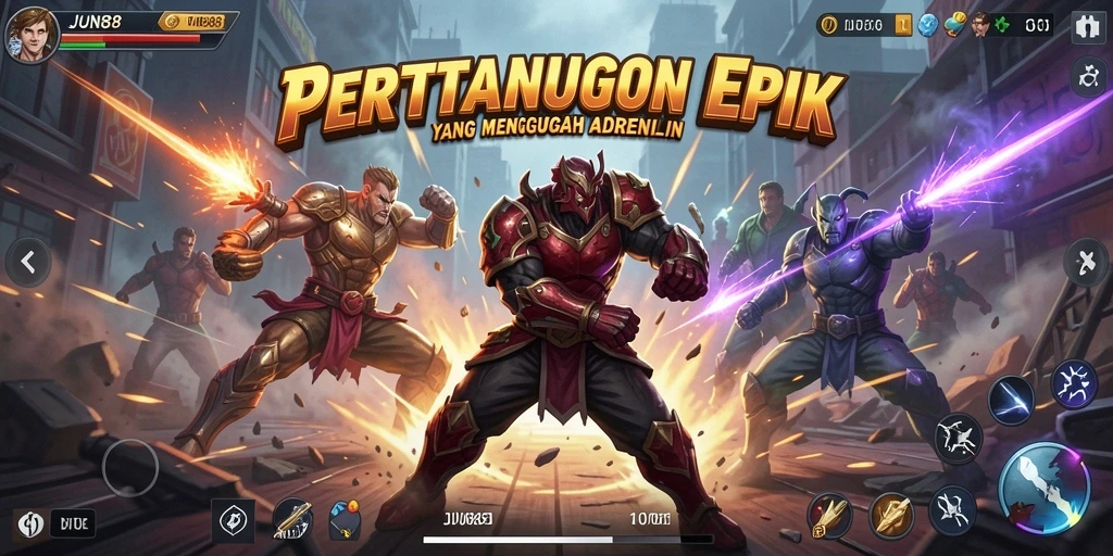 Tangkapan layar JUN88 menunjukkan aksi pertarungan mendebarkan dengan karakter yang kuat.