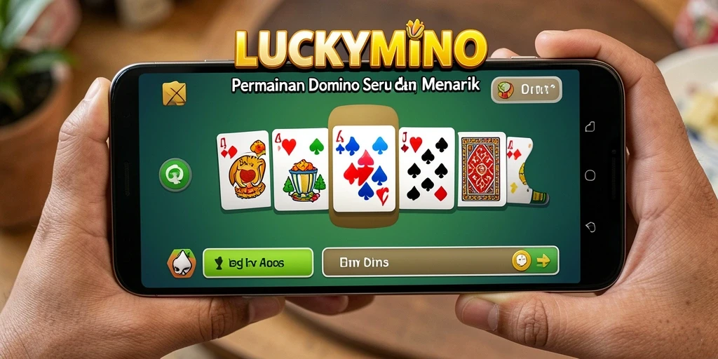 Tangkapan layar utama LUCKYMINO menunjukkan momen seru bermain domino.