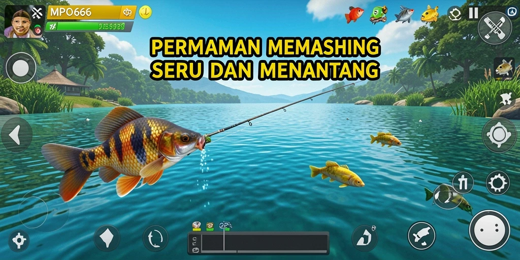 Tampilan gameplay seru dengan aksi memancing yang mendebarkan.