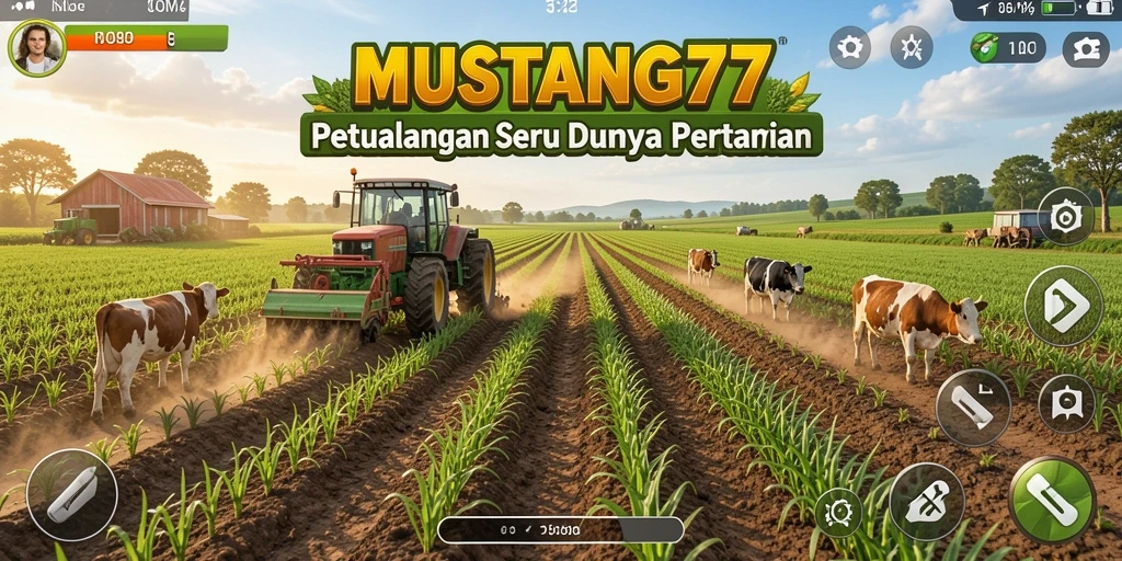 Tangkapan layar gameplay MUSTANG77 menampilkan aktivitas bertani yang seru.