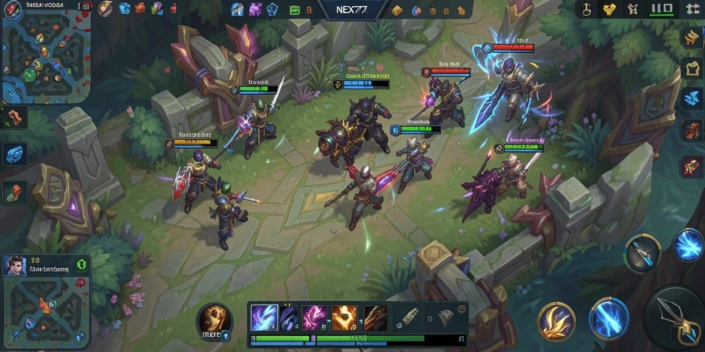 Screenshot gameplay NEX777 dengan aksi MOBA menegangkan.