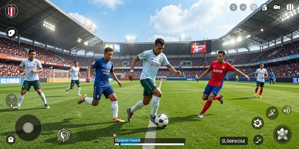 Tampilan gameplay sepak bola yang seru dan mendebarkan.