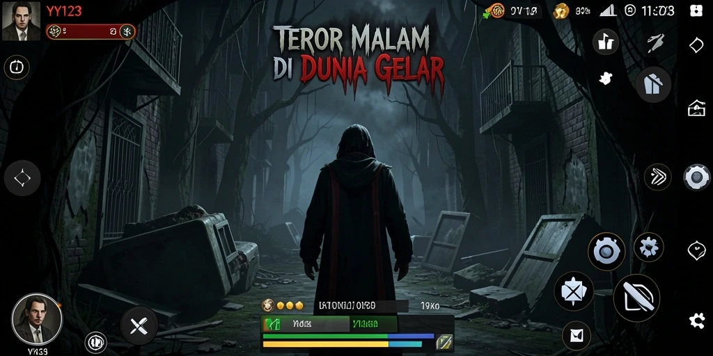 Screenshot gameplay YY123 dengan suasana horror yang mencekam.